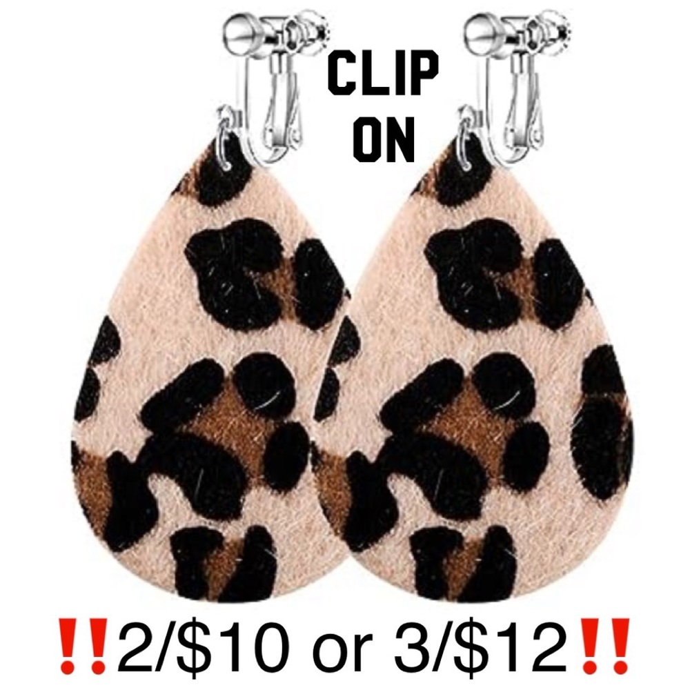 *PIERCED ALSO AVAILABLE; Adjustable Clip On Leopard Faux Fur Textured Earrings